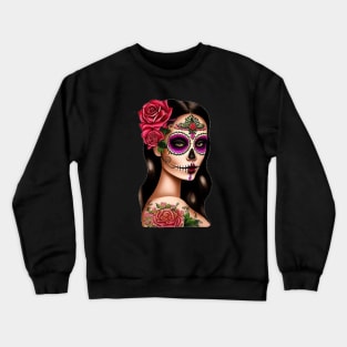 Vibrant Woman in Sugar Skull Makeup for Day of the Dead Crewneck Sweatshirt